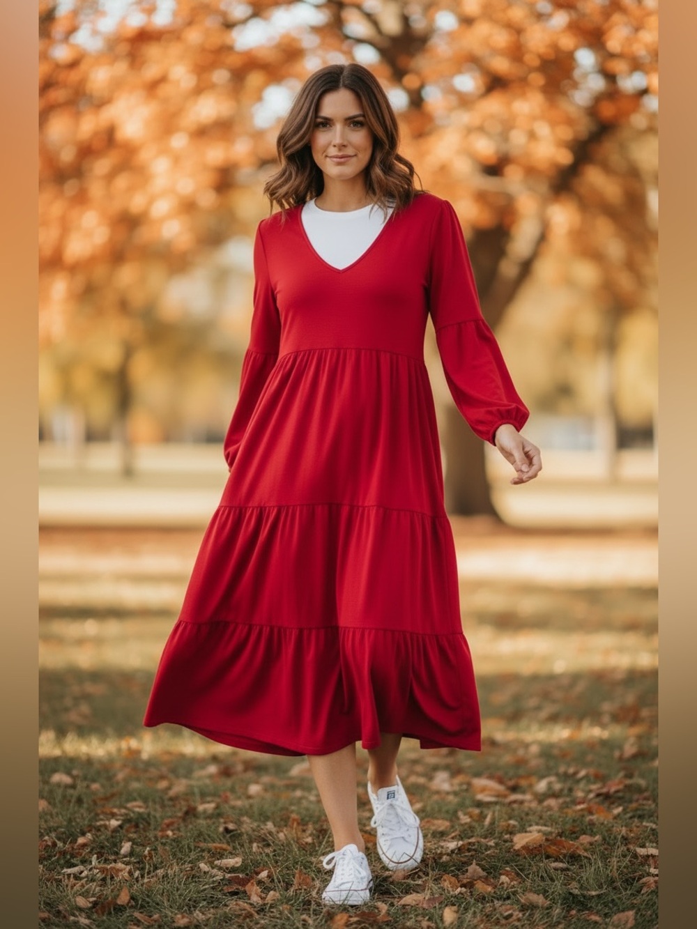 V-Neck Red Tiered Midi Dress with Long Sleeves
